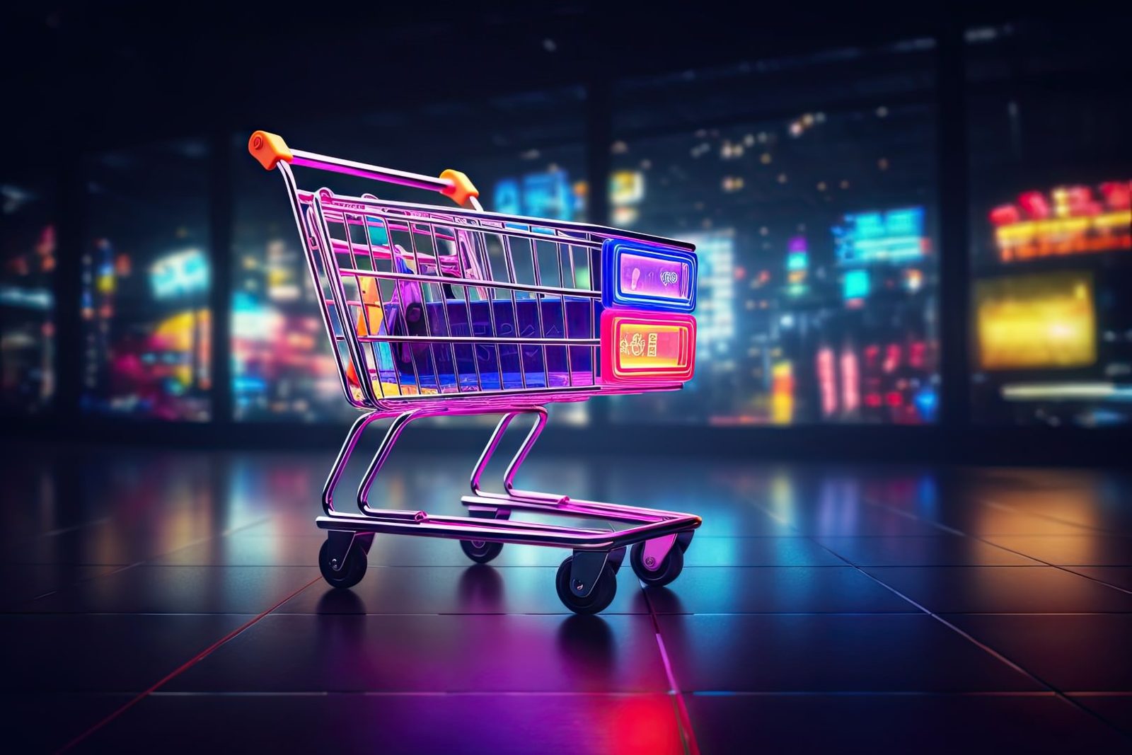 E-commerce & Retail Web Design Neon-lit shopping cart in front of a glowing storefront at night